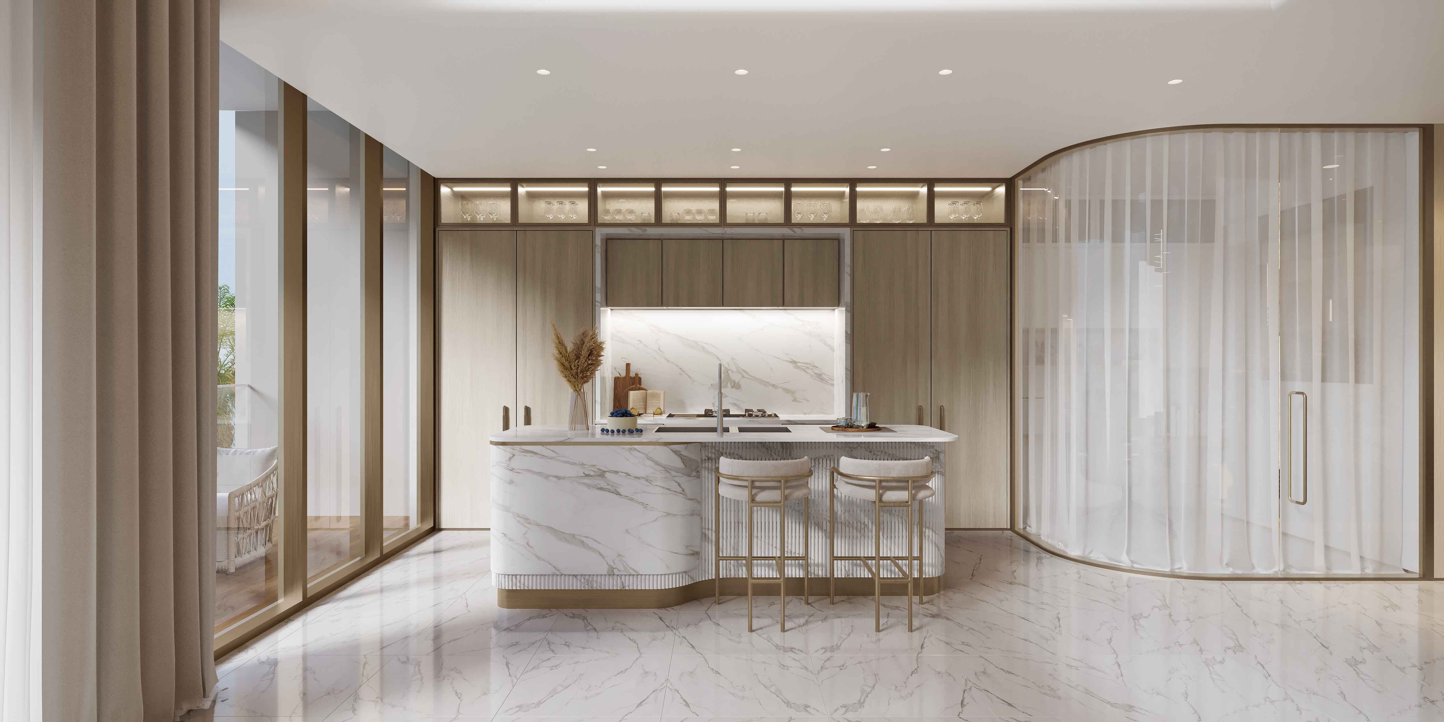 Beach Walk Grand 2 By Imtiaz Modern kitchen featuring marble countertops, sleek cabinetry, and stylish bar stools, with large windows and natural light.
